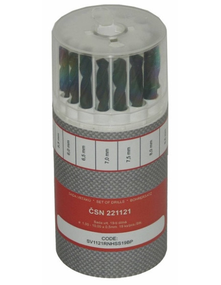 Set of drill bits, 19 pcs, 1.00-10.00x0.5 mm ČSN 221121RNHSS, Pass., plastic