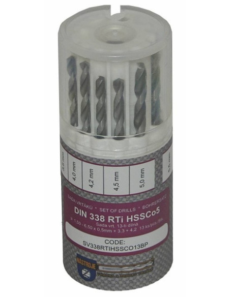 Sada vrtáků 13-ti dílná 1,50-6,50x0,5mm+3,30+4,20 DIN338RTiHSSCo Lesklá, kulatý obal