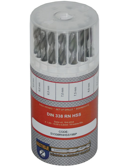 Set of drill bits, 19 pcs, 1.00-10.00x0.5 mm DIN338RTiHSSCo5 polished, round box