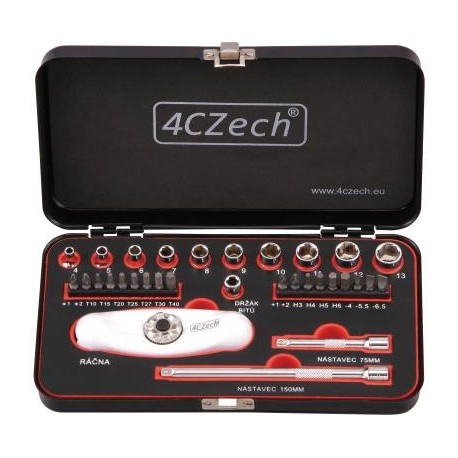 1/4″ 32-piece toolset 4-13 mm + 5-in-1 round reversible ratchet, 72 teeth