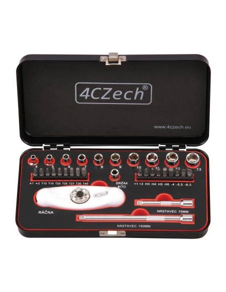 1/4″ 32-piece toolset 4-13 mm + 5-in-1 round reversible ratchet, 72 teeth