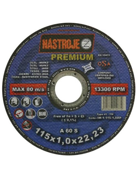 Cutting disk 115x1x22 for steel and stainless steel 50 pcs per pack PREMIUM