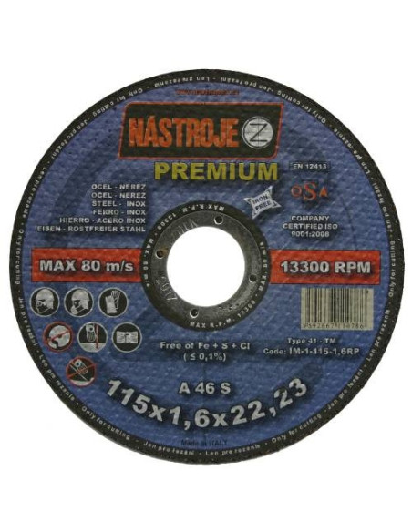 Cutting disk 115x1.6x22 for steel and stainless steel 50 pcs per pack PREMIUM