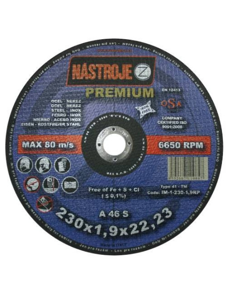 Cutting disk 230x1.9x22 for steel and stainless steel 50 pcs per pack PREMIUM