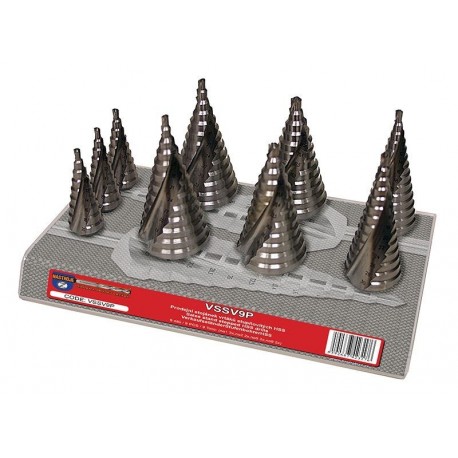 Display holder for stepped drill bits HSS 9 pcs (3× no1, 2× no2, 2× no5, 2× no9)